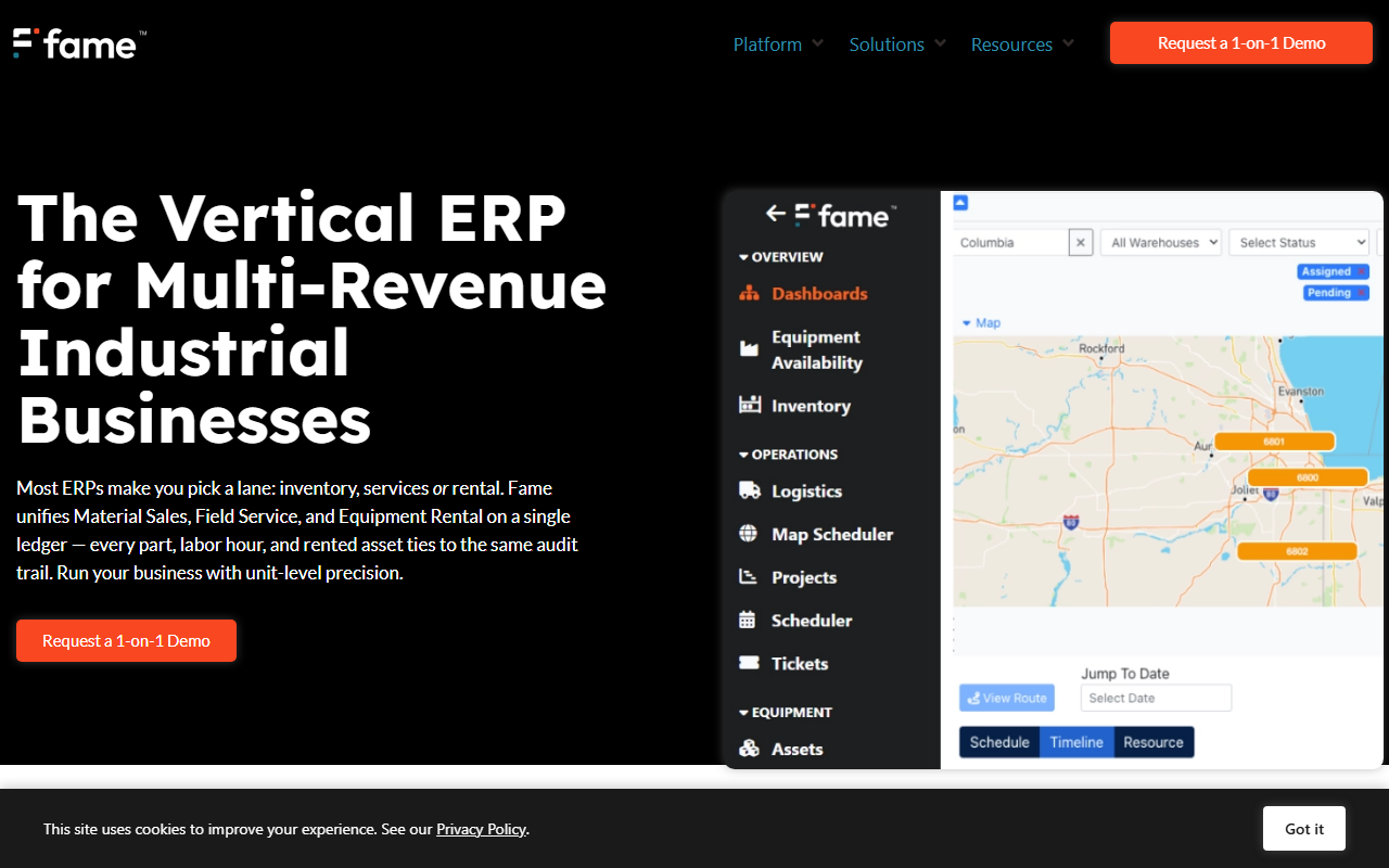 Screenshot of the Fame Rental vendor homepage