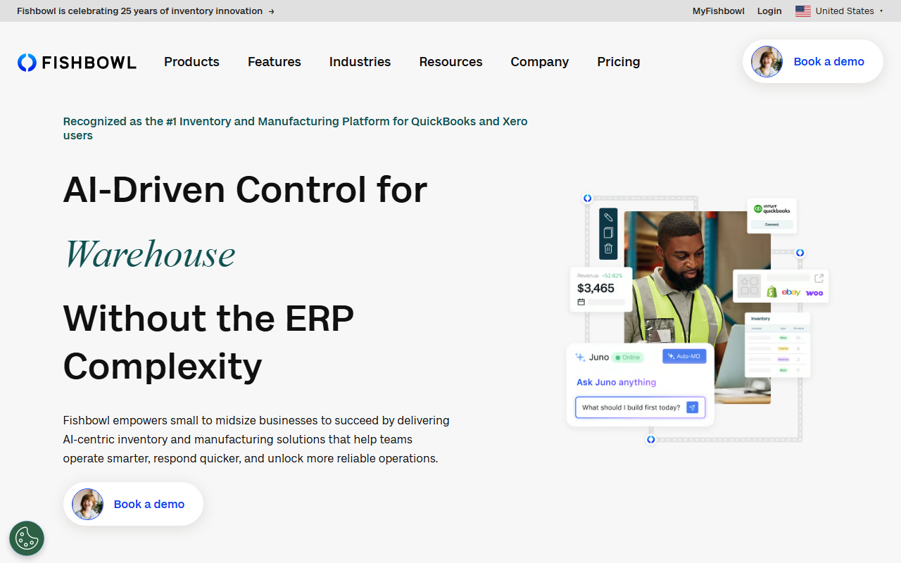 Screenshot of the Fishbowl (Fishbowl Inventory / Fishbowl Advanced) vendor homepage