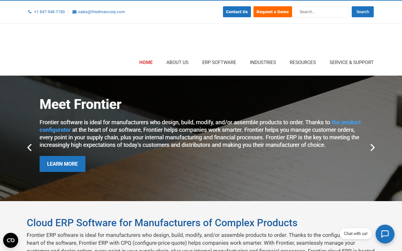 Screenshot of the Frontier ERP (Friedman Corporation) vendor homepage