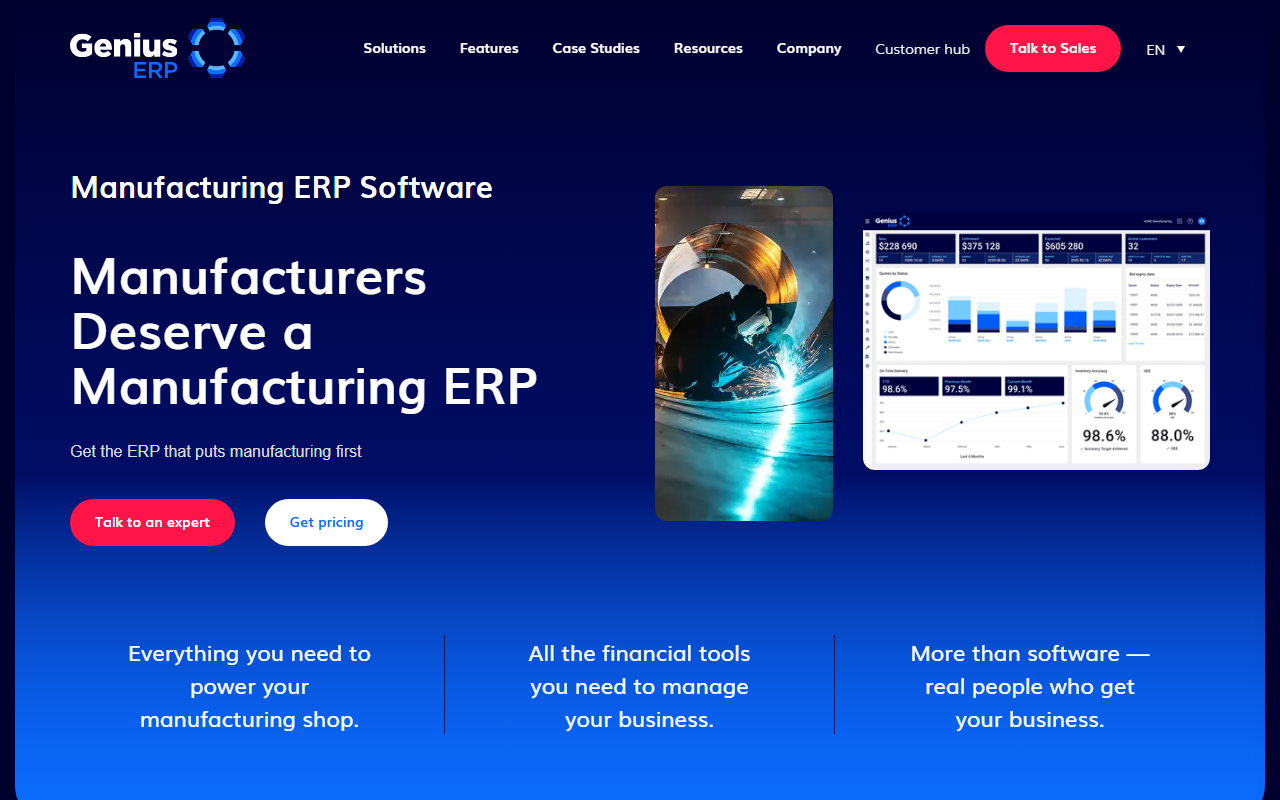 Screenshot of the Genius ERP vendor homepage