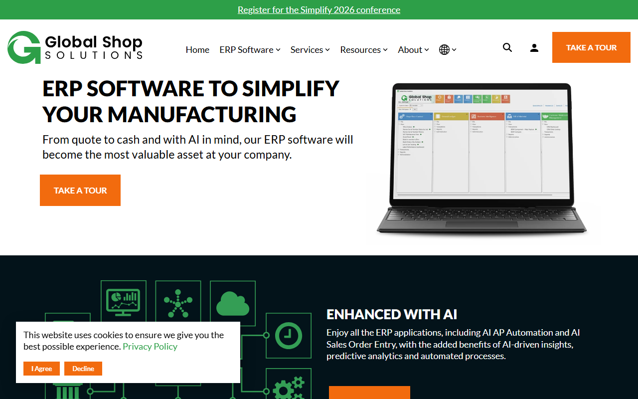 Screenshot of the Global Shop Solutions ERP vendor homepage