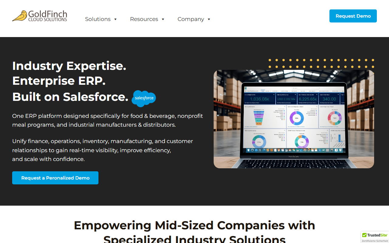 Screenshot of the GoldFinch ERP (GoldFinch Cloud Solutions) vendor homepage
