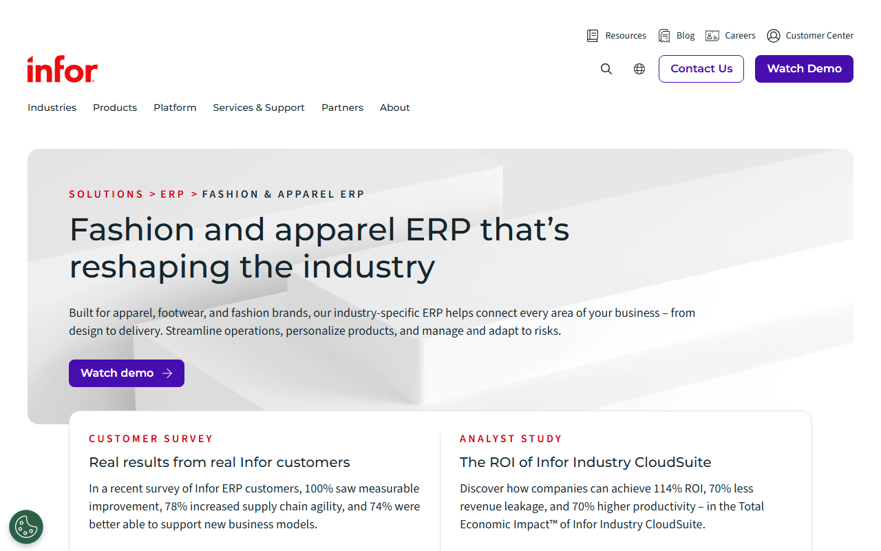 Screenshot of the Infor CloudSuite Fashion vendor homepage