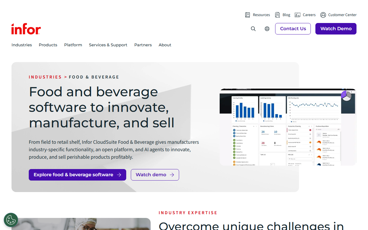 Screenshot of the Infor CloudSuite Food & Beverage vendor homepage