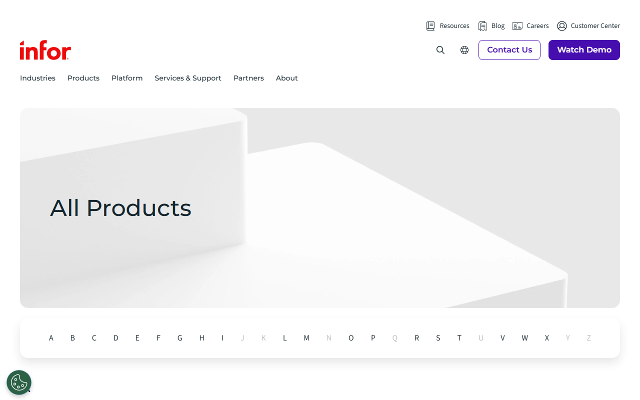 Screenshot of the Infor CloudSuite (M3, LN, CloudSuite Industrial) vendor homepage