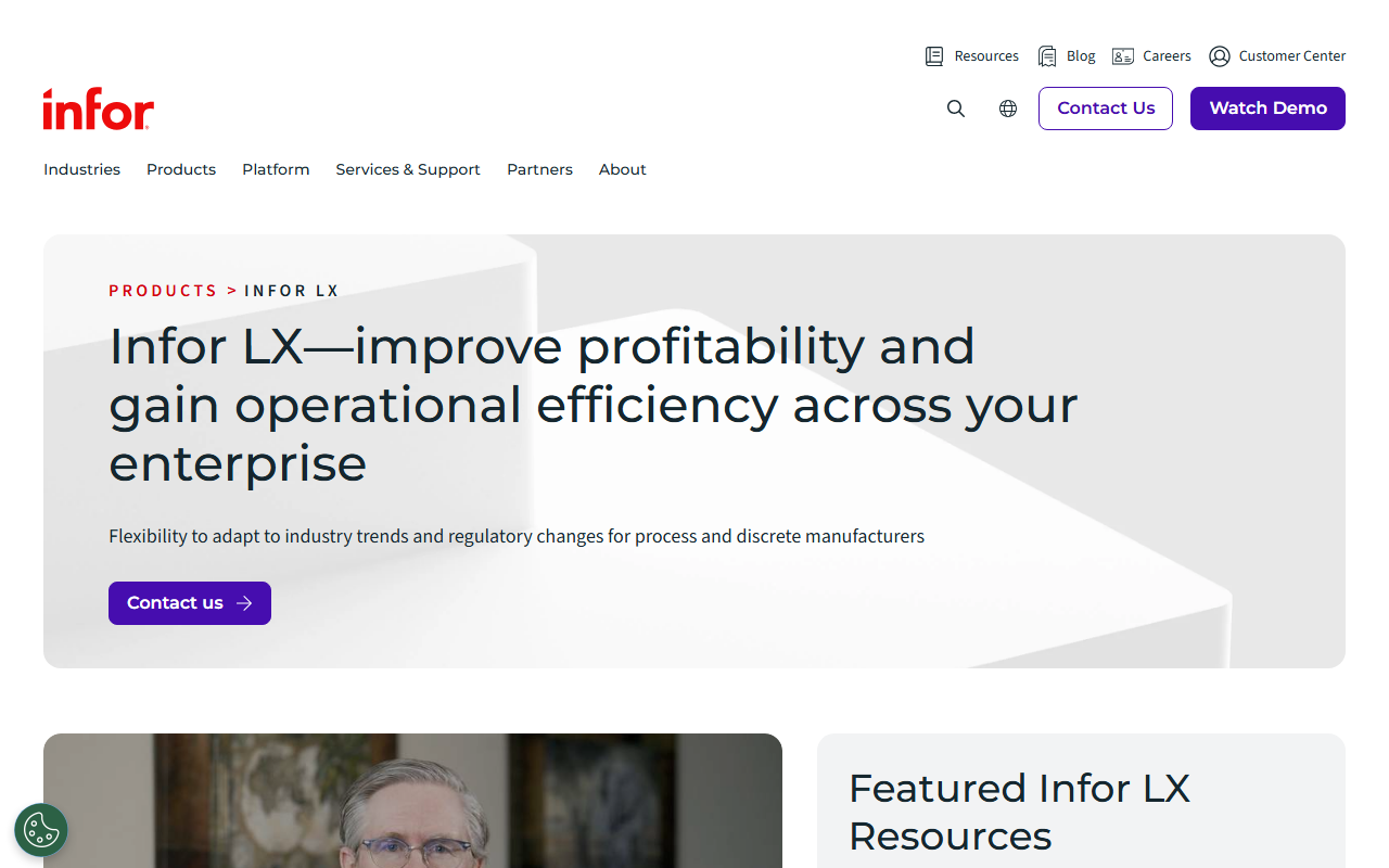 Screenshot of the Infor LX vendor homepage