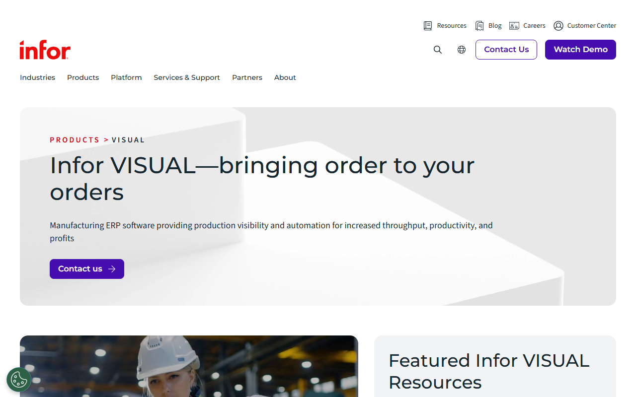 Screenshot of the Infor VISUAL vendor homepage