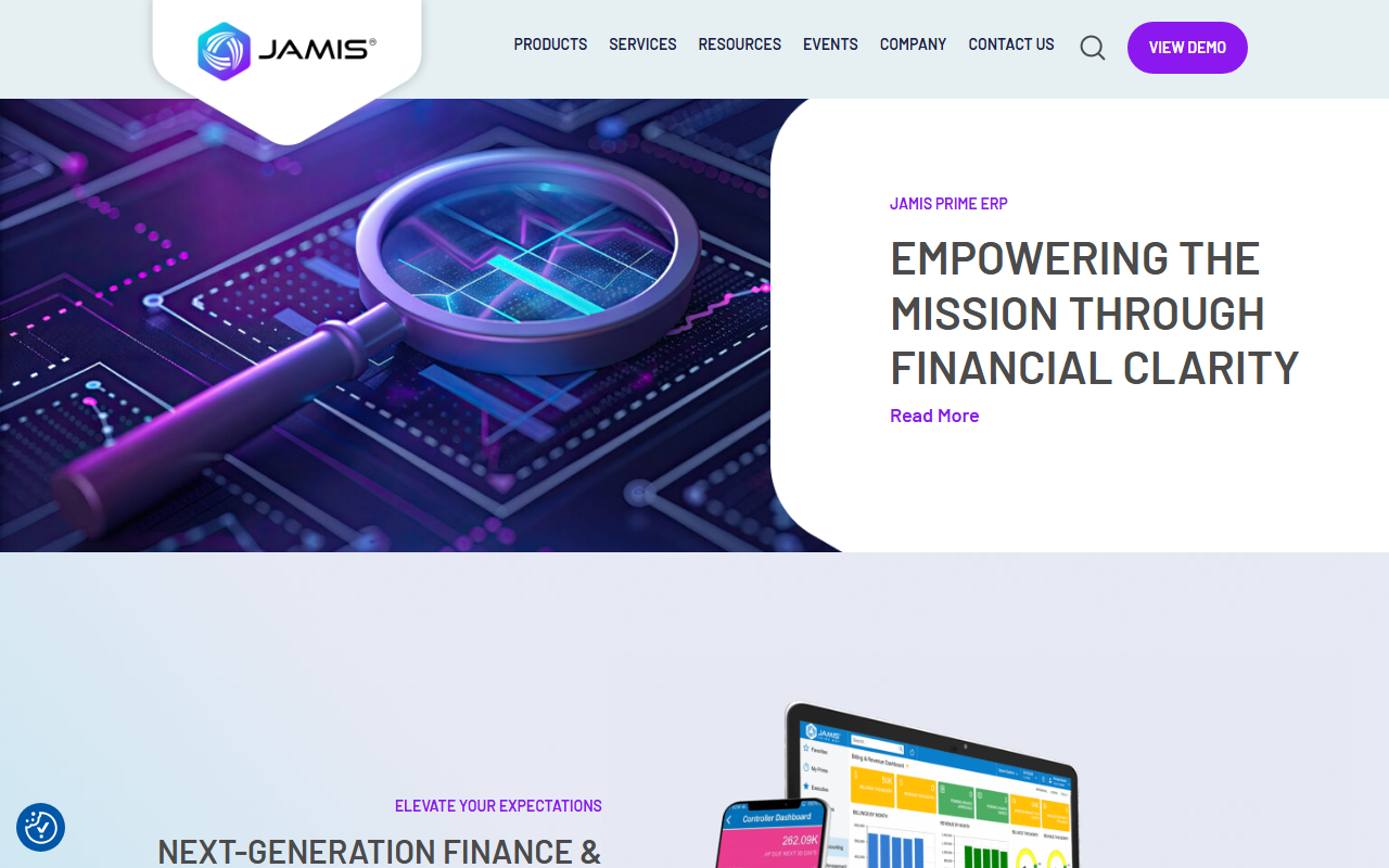 Screenshot of the JAMIS Prime ERP vendor homepage