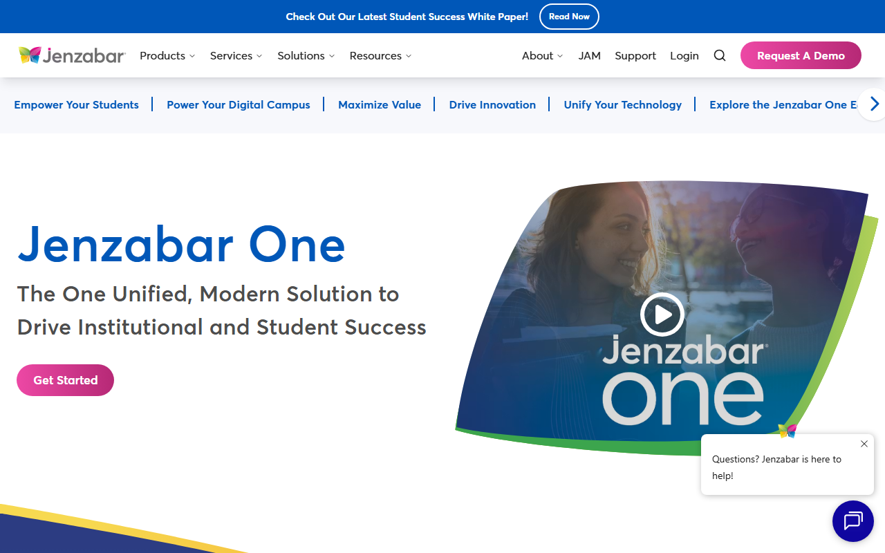 Screenshot of the Jenzabar One vendor homepage