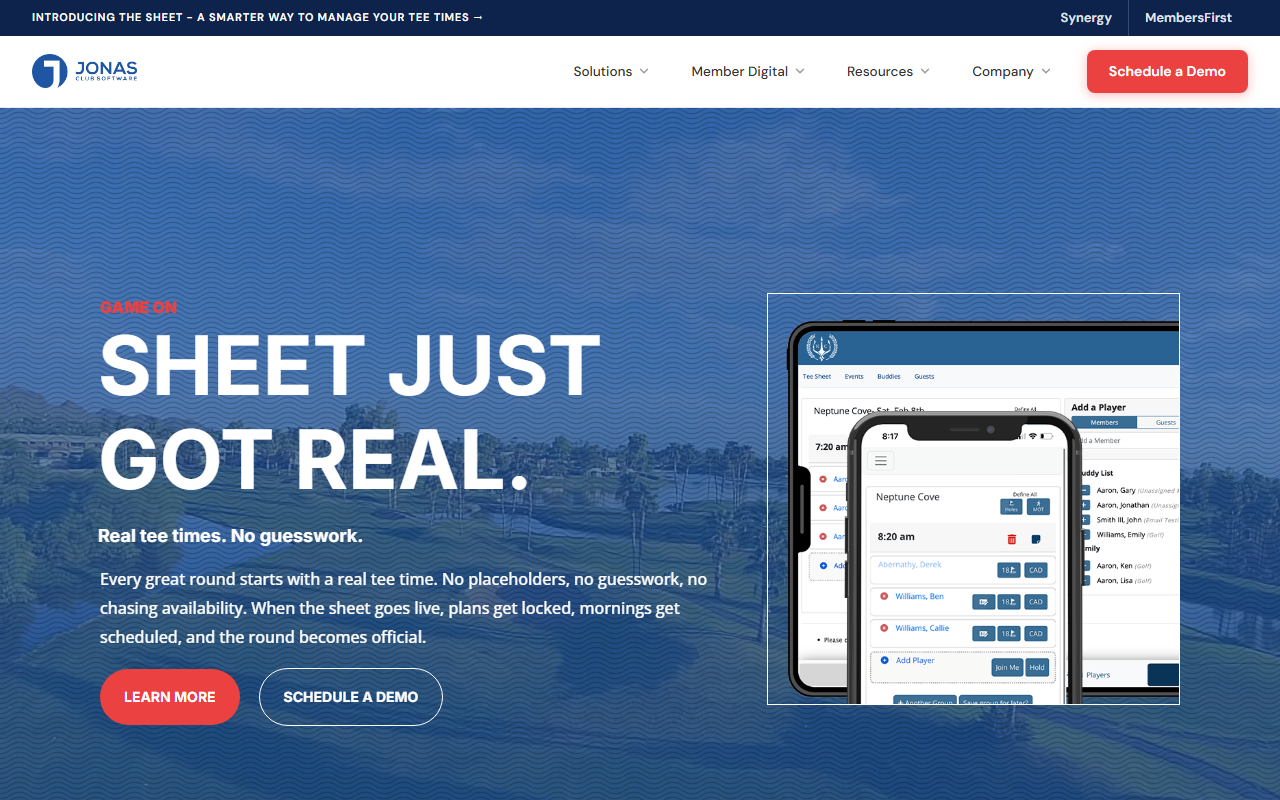 Screenshot of the Jonas Club Management (Jonas Club Software) vendor homepage