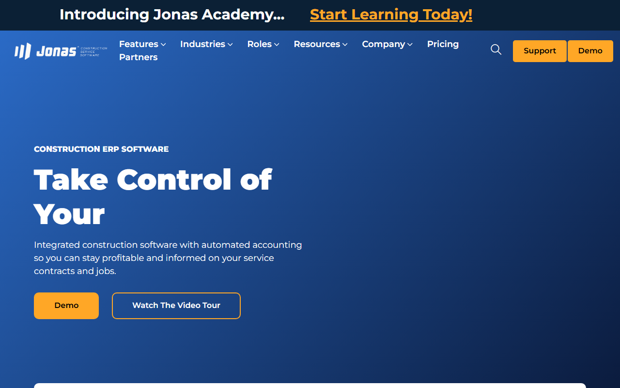 Screenshot of the Jonas Enterprise vendor homepage