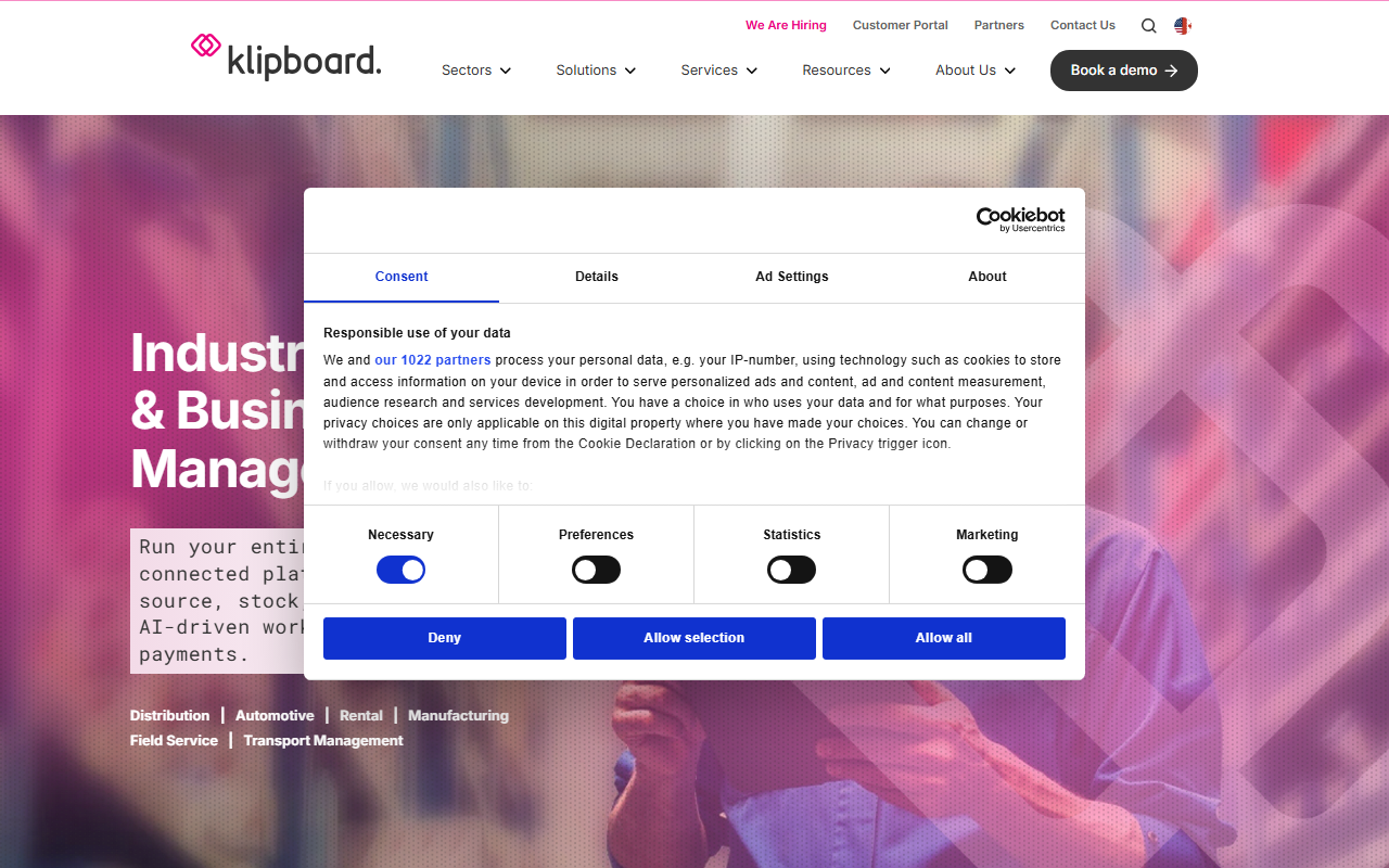 Screenshot of the K8 (Klipboard, formerly Kerridge Commercial Systems) vendor homepage