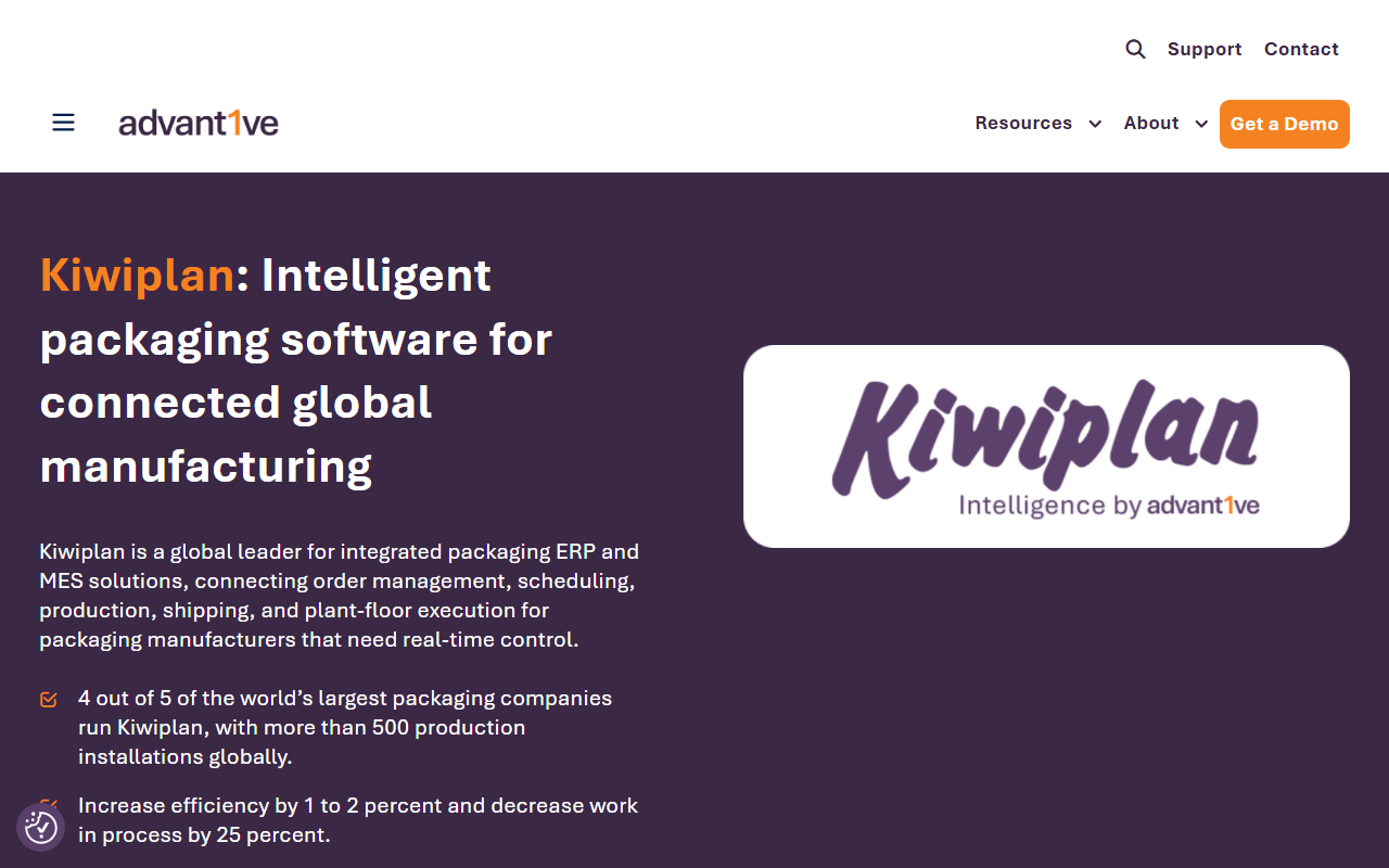 Screenshot of the Kiwiplan (Advantive) vendor homepage