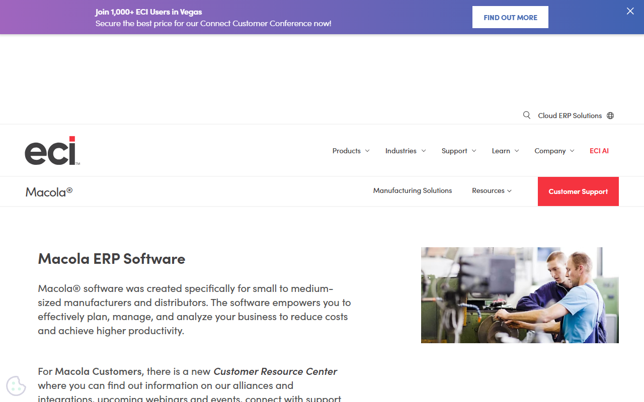 Screenshot of the Macola ERP (ECI Software Solutions) vendor homepage