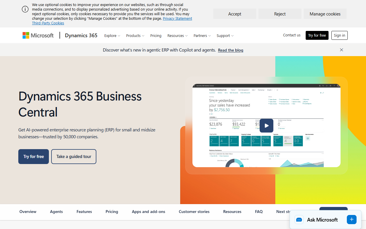 Screenshot of the Microsoft Dynamics 365 Business Central vendor homepage