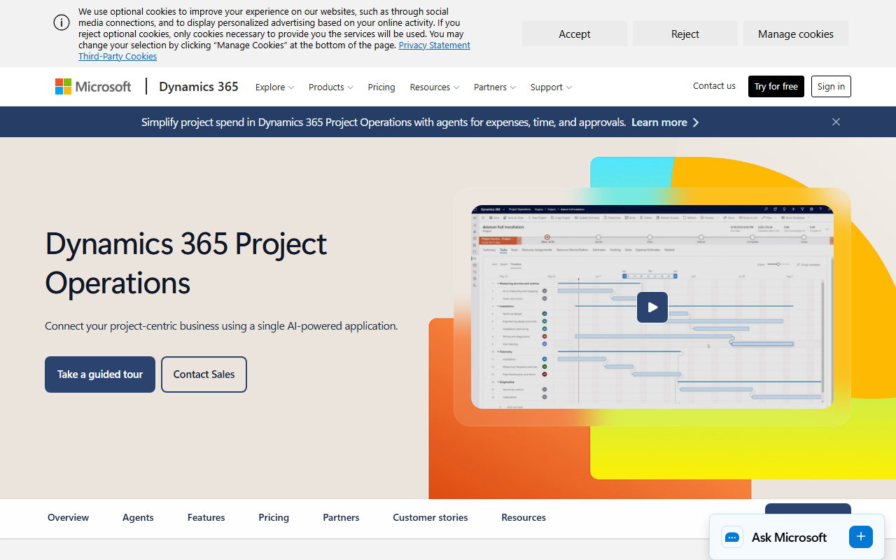 Screenshot of the Microsoft Dynamics 365 Project Operations vendor homepage