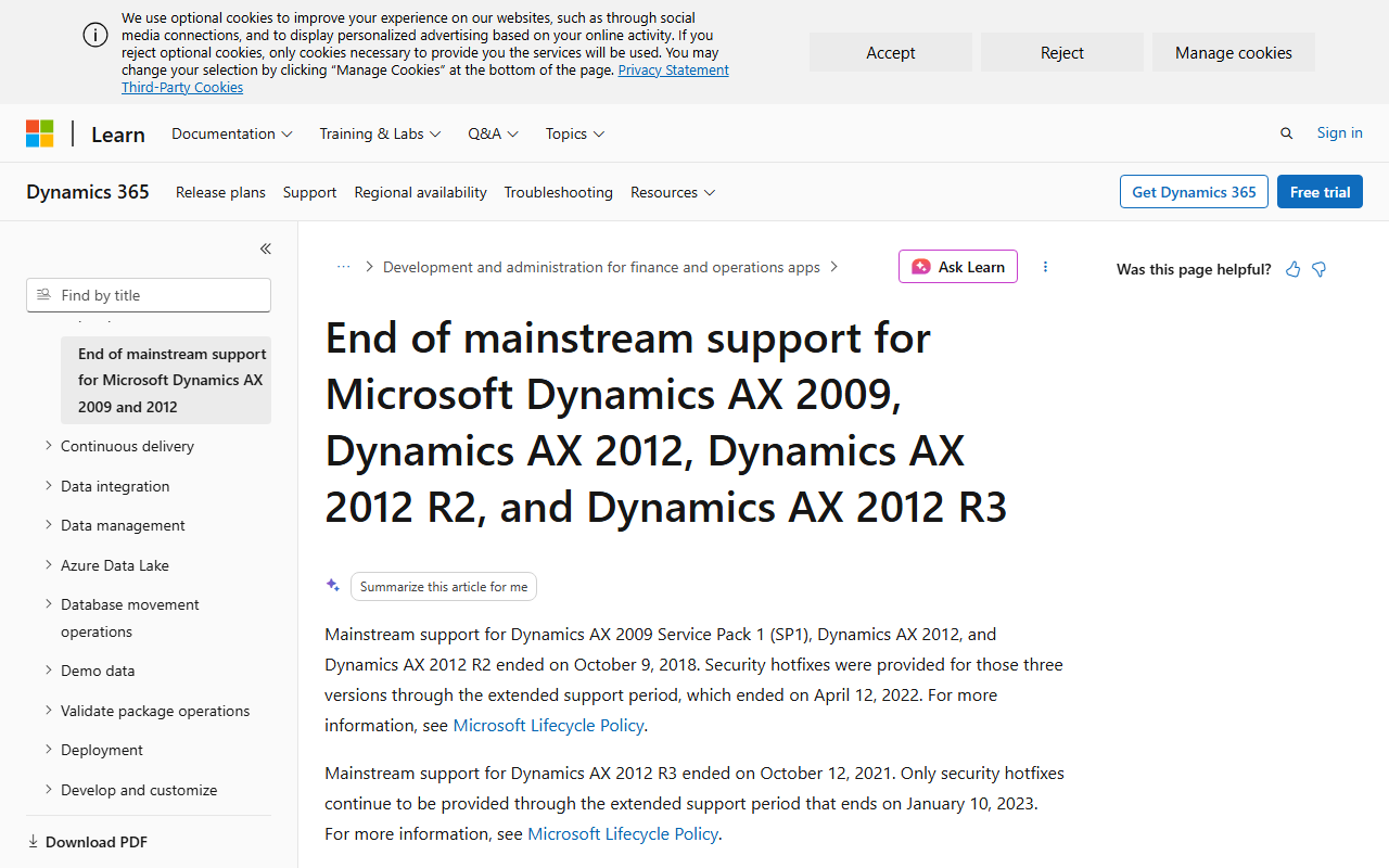 Screenshot of the Microsoft Dynamics AX 2012 vendor homepage