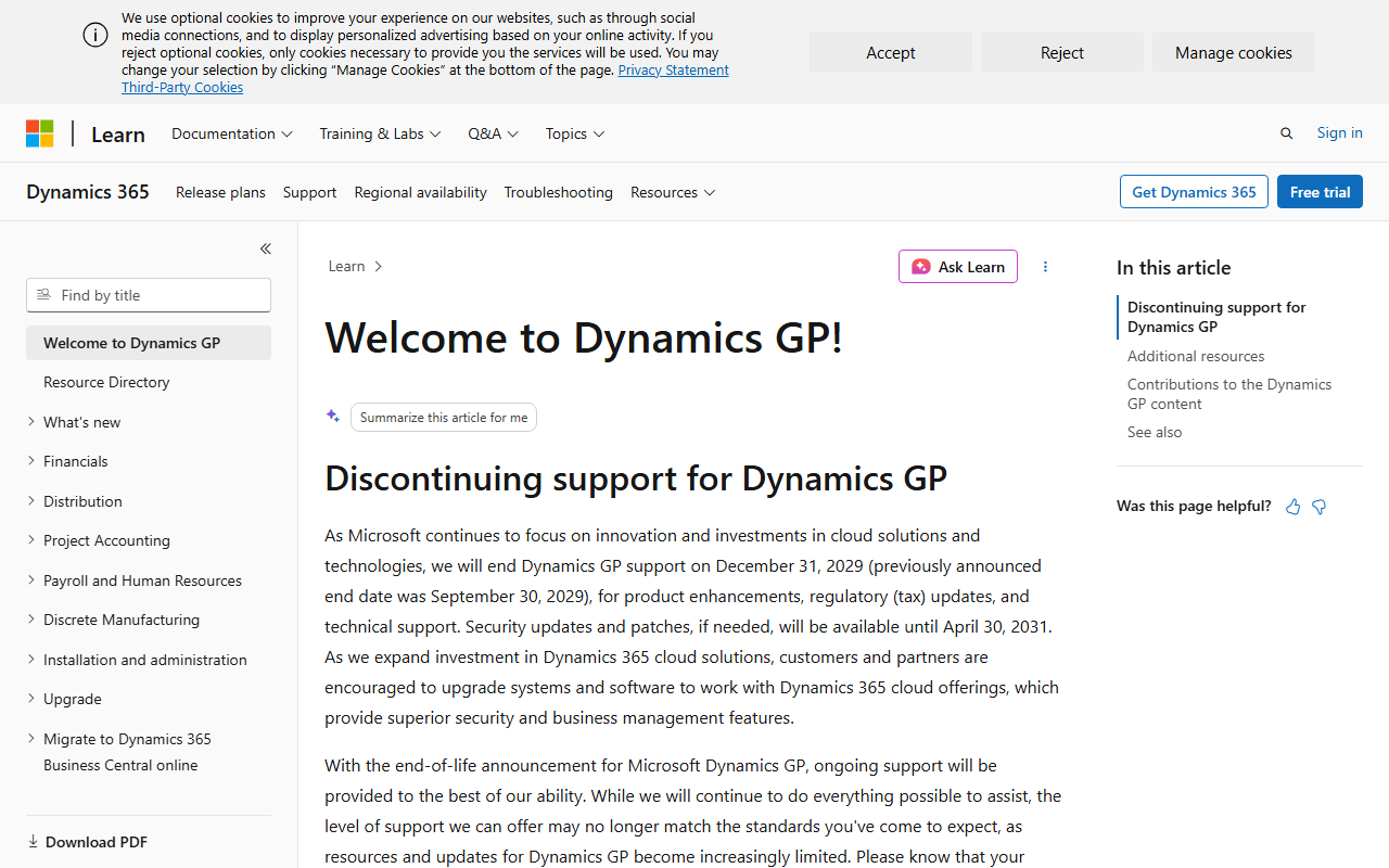 Screenshot of the Microsoft Dynamics GP vendor homepage