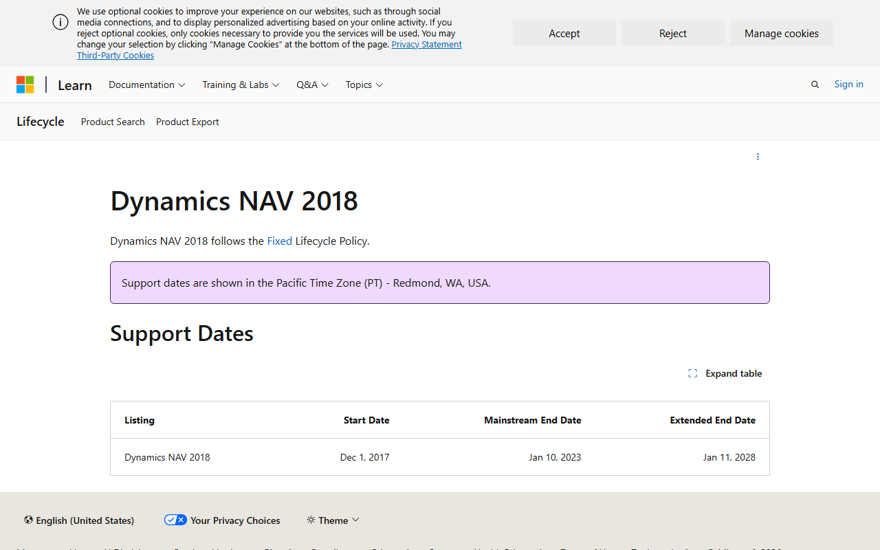 Screenshot of the Microsoft Dynamics NAV vendor homepage