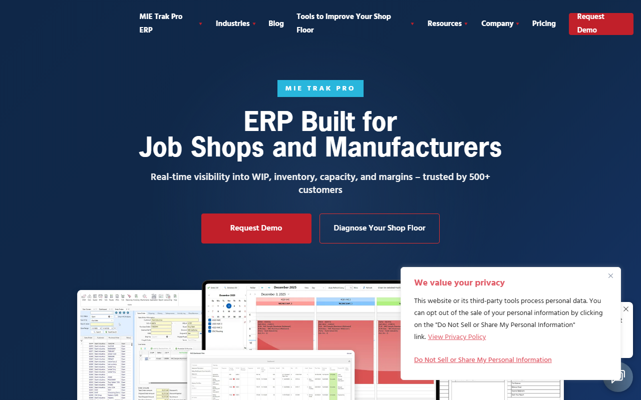 Screenshot of the MIE Trak Pro vendor homepage