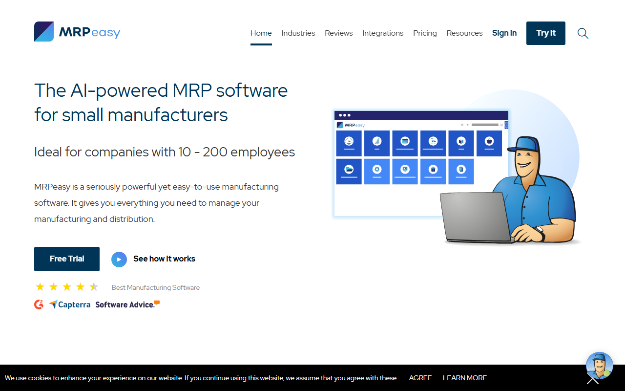 Screenshot of the MRPeasy vendor homepage