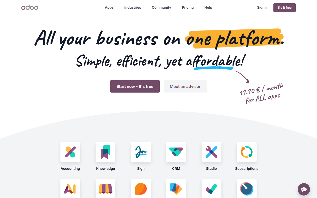 Screenshot of the Odoo vendor homepage
