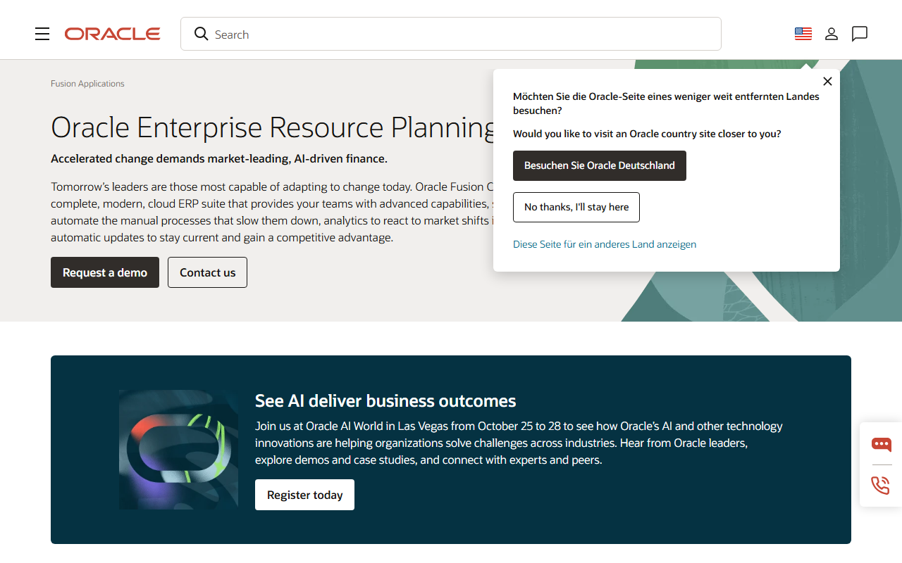 Screenshot of the Oracle Fusion Cloud ERP vendor homepage