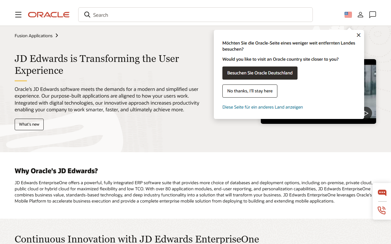 Screenshot of the Oracle JD Edwards EnterpriseOne vendor homepage