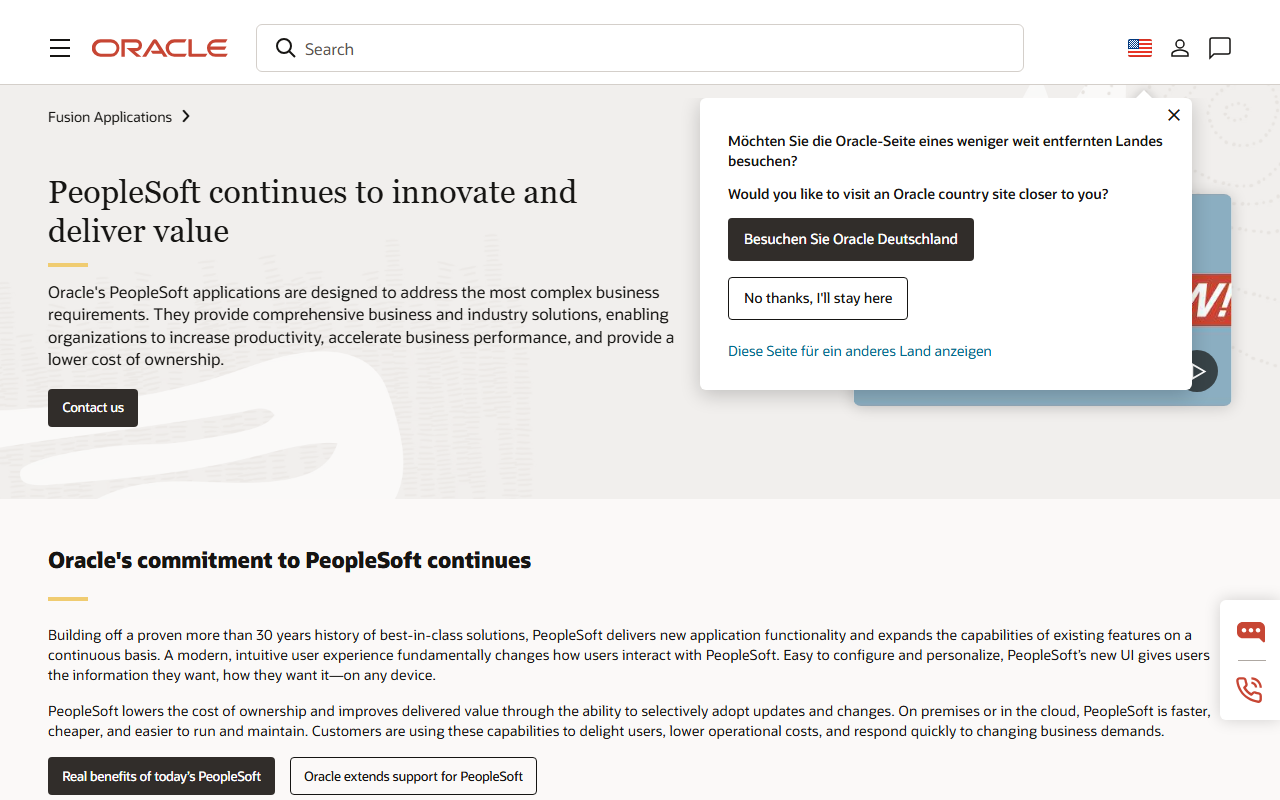 Screenshot of the Oracle PeopleSoft vendor homepage