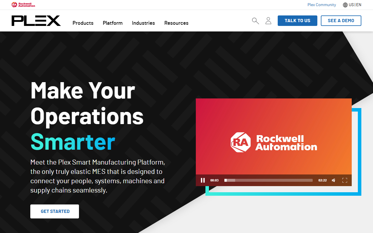 Screenshot of the Plex Smart Manufacturing Platform vendor homepage