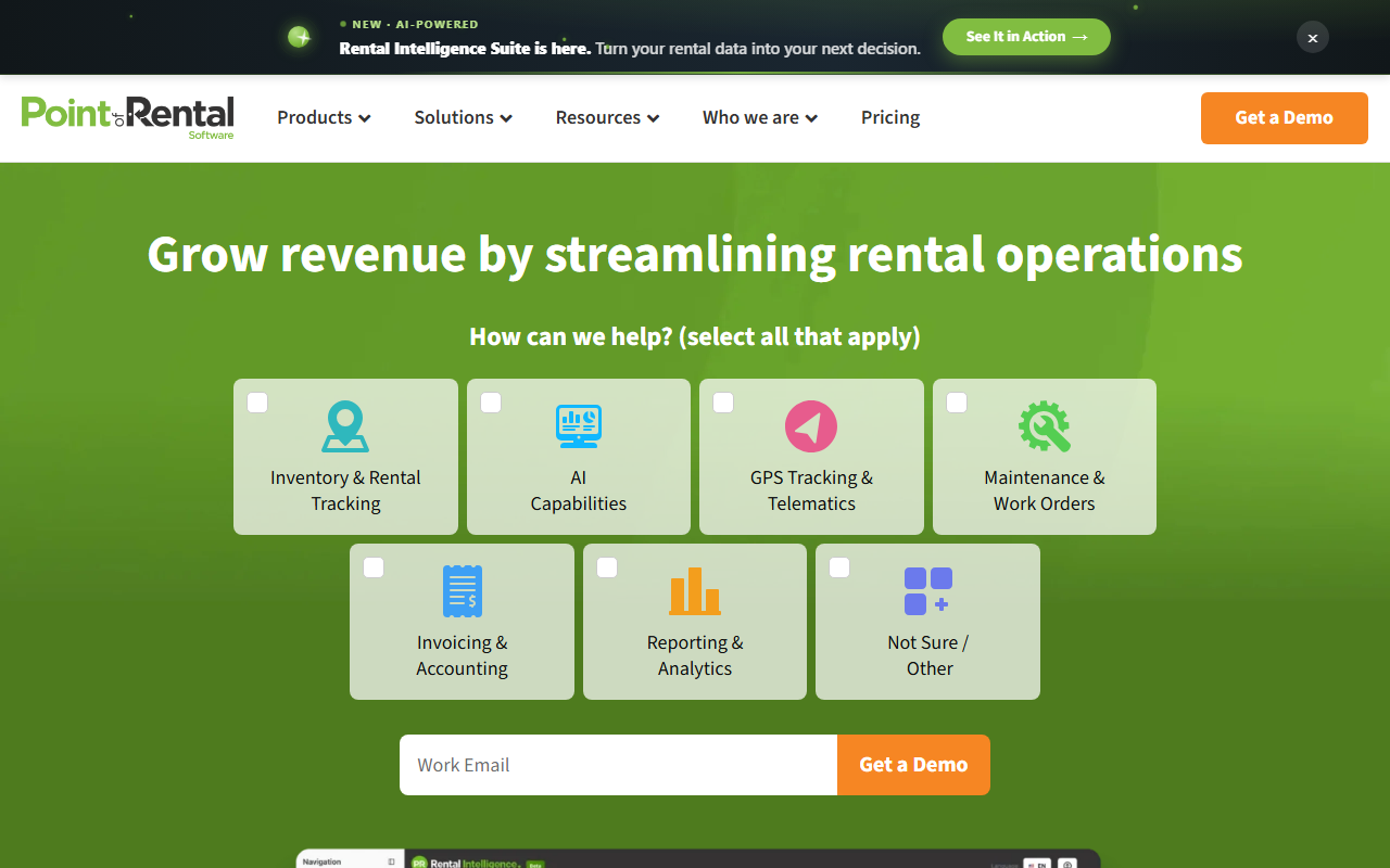 Screenshot of the Point of Rental vendor homepage