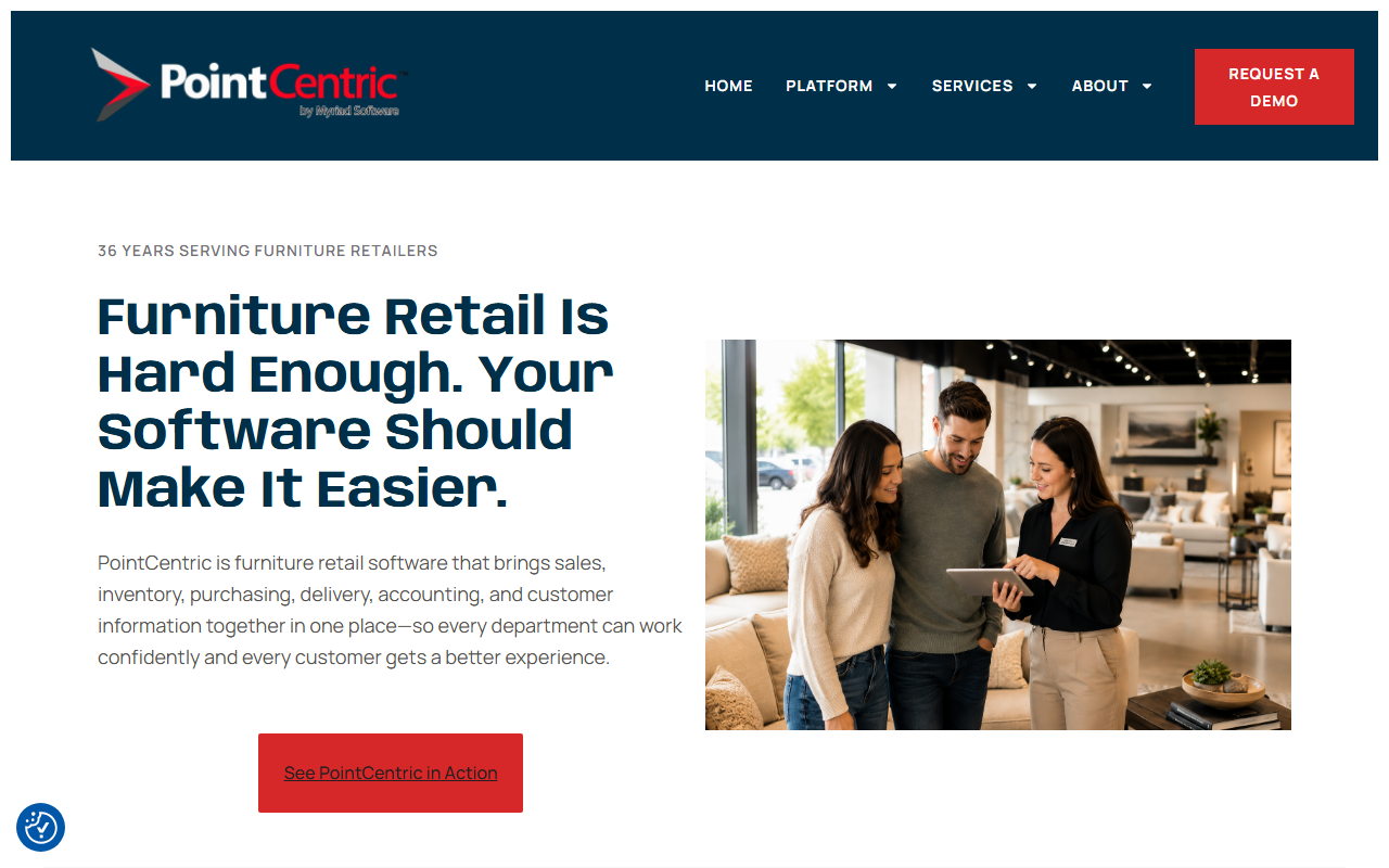 Screenshot of the PointCentric (Myriad Software) vendor homepage