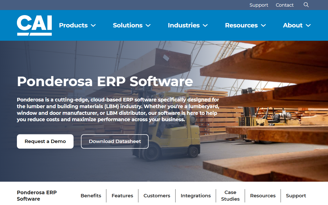 Screenshot of the Ponderosa ERP vendor homepage