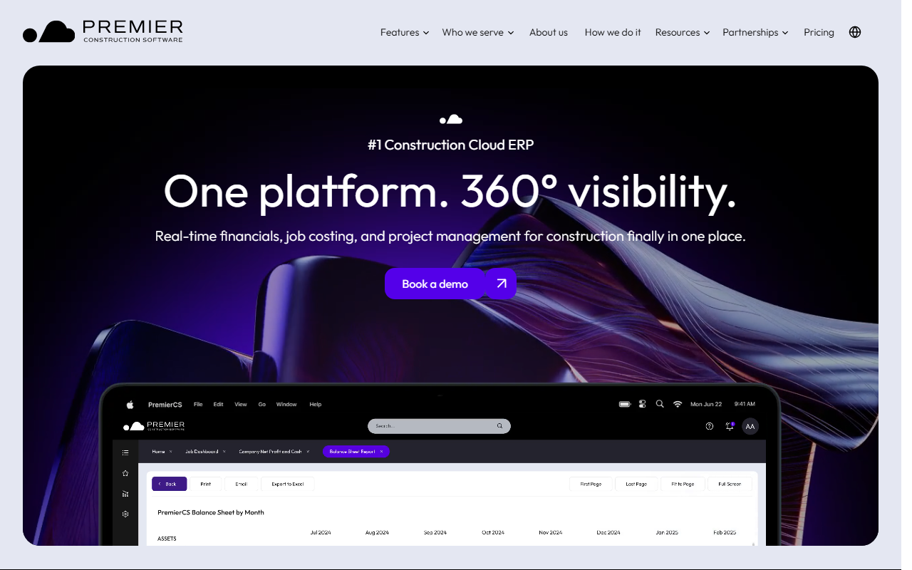 Screenshot of the Premier Construction Software vendor homepage