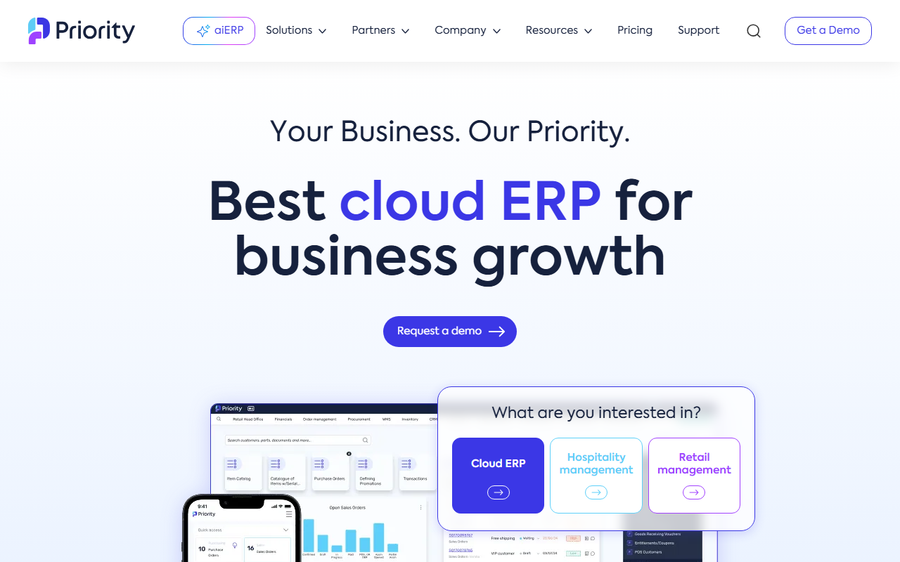 Screenshot of the Priority ERP vendor homepage