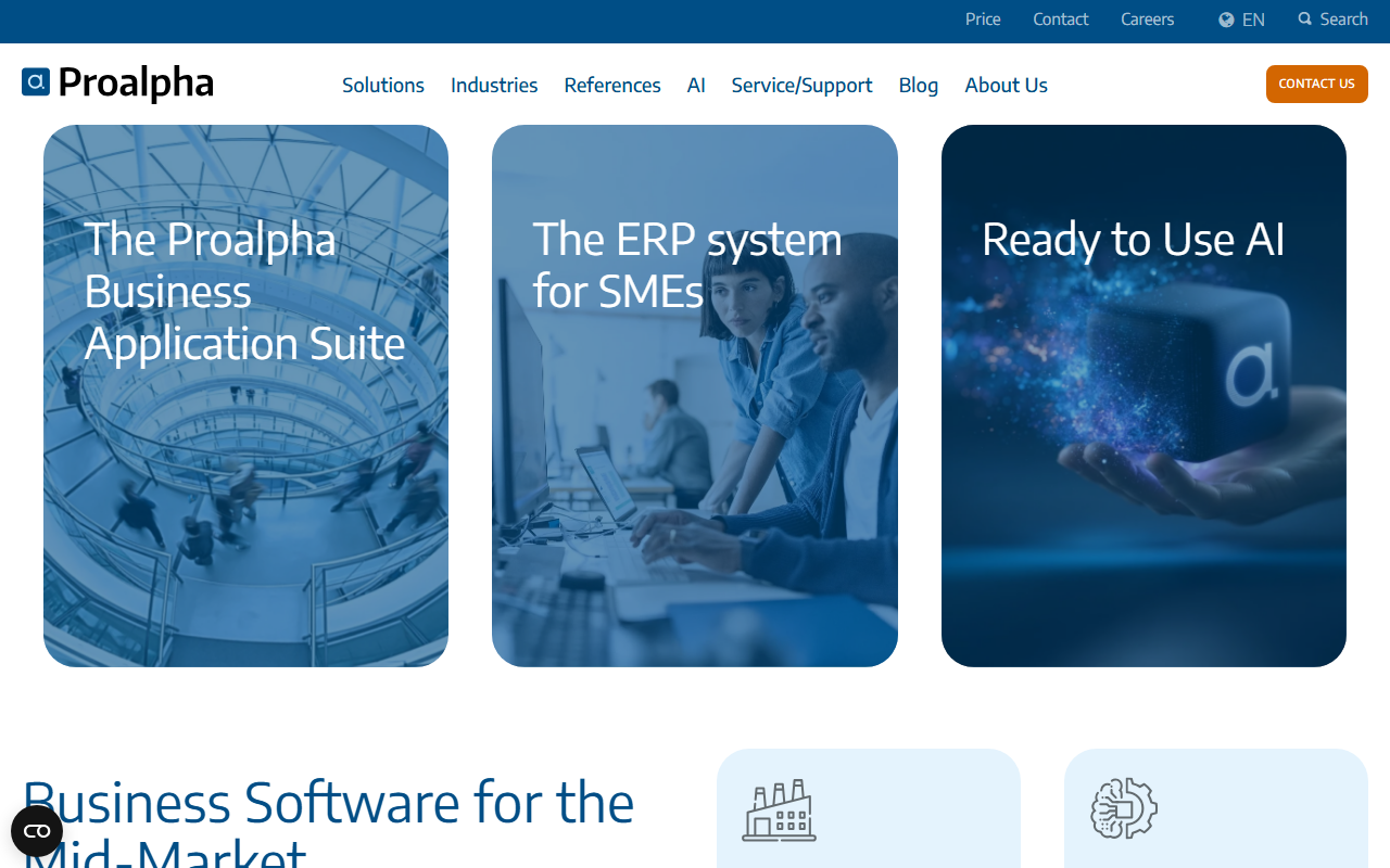 Screenshot of the proALPHA ERP vendor homepage