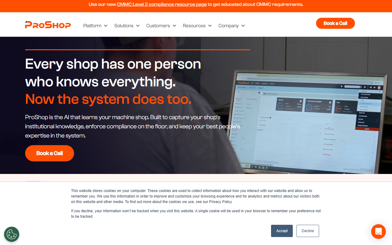 Screenshot of the ProShop ERP vendor homepage