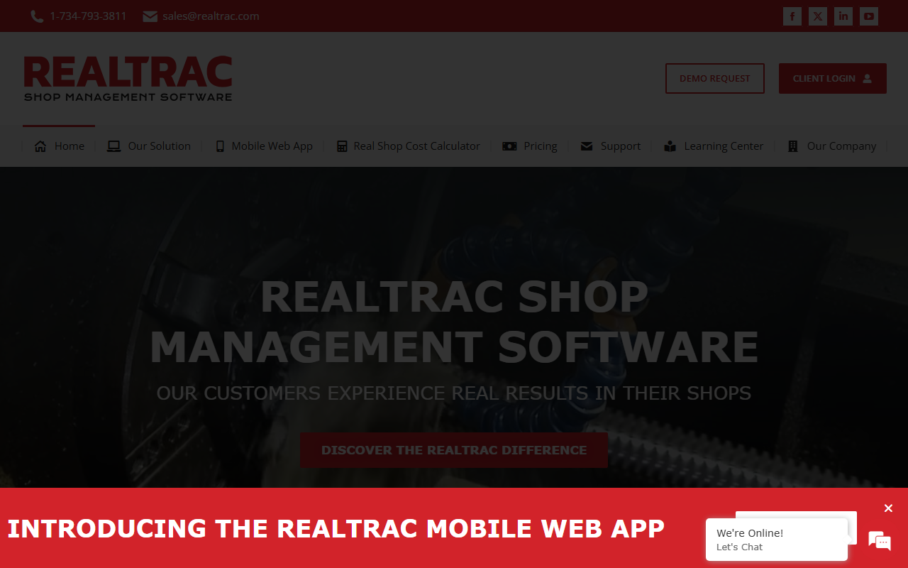 Screenshot of the Realtrac Shop Management Software vendor homepage