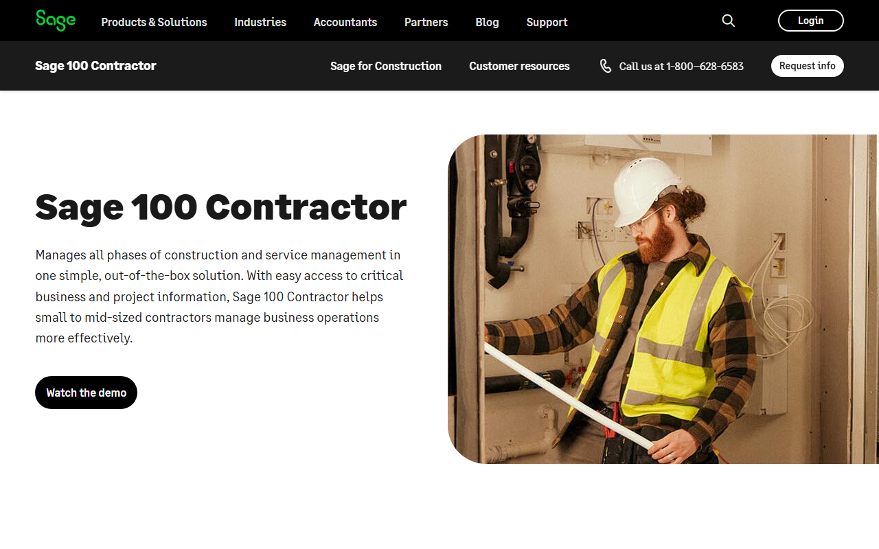Screenshot of the Sage 100 Contractor vendor homepage