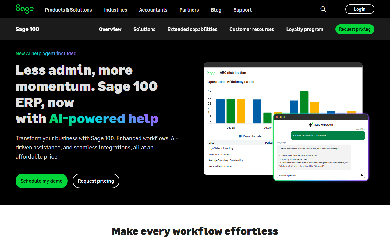 Screenshot of the Sage 100 vendor homepage