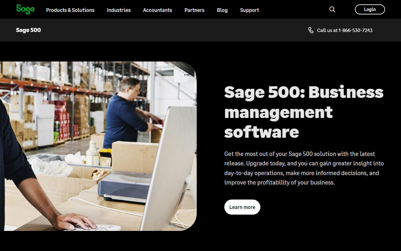 Screenshot of the Sage 500 ERP vendor homepage