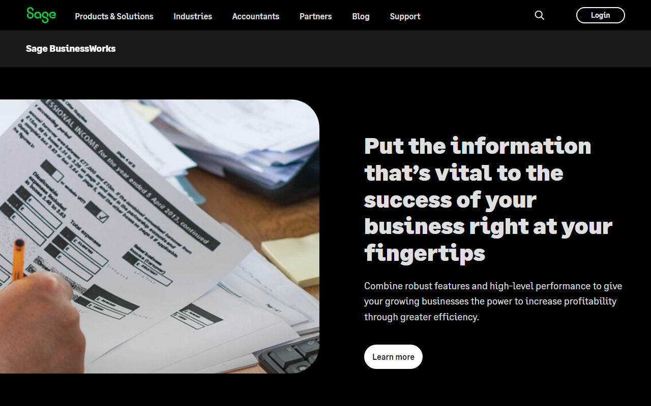 Screenshot of the Sage BusinessWorks vendor homepage