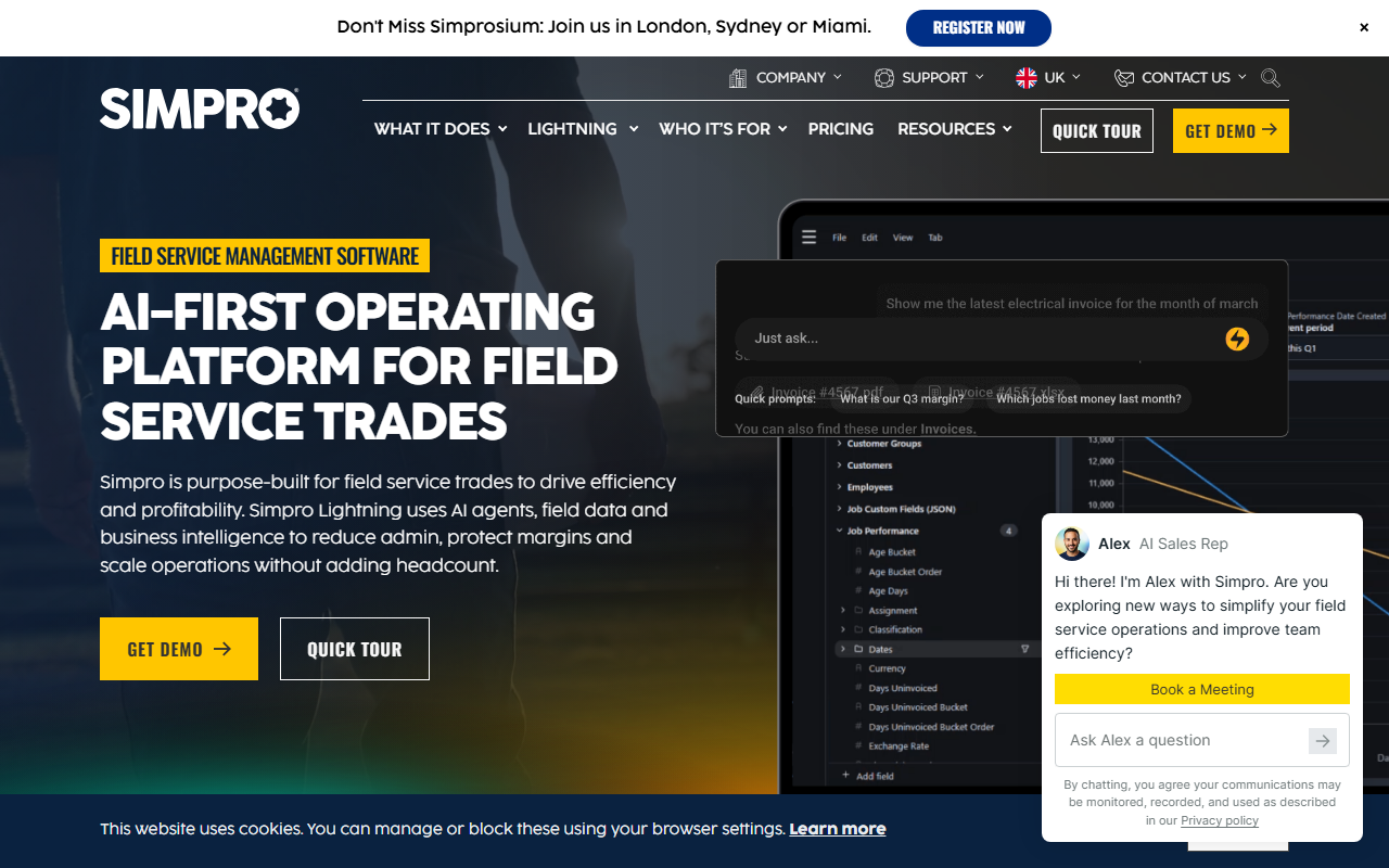 Screenshot of the Simpro vendor homepage