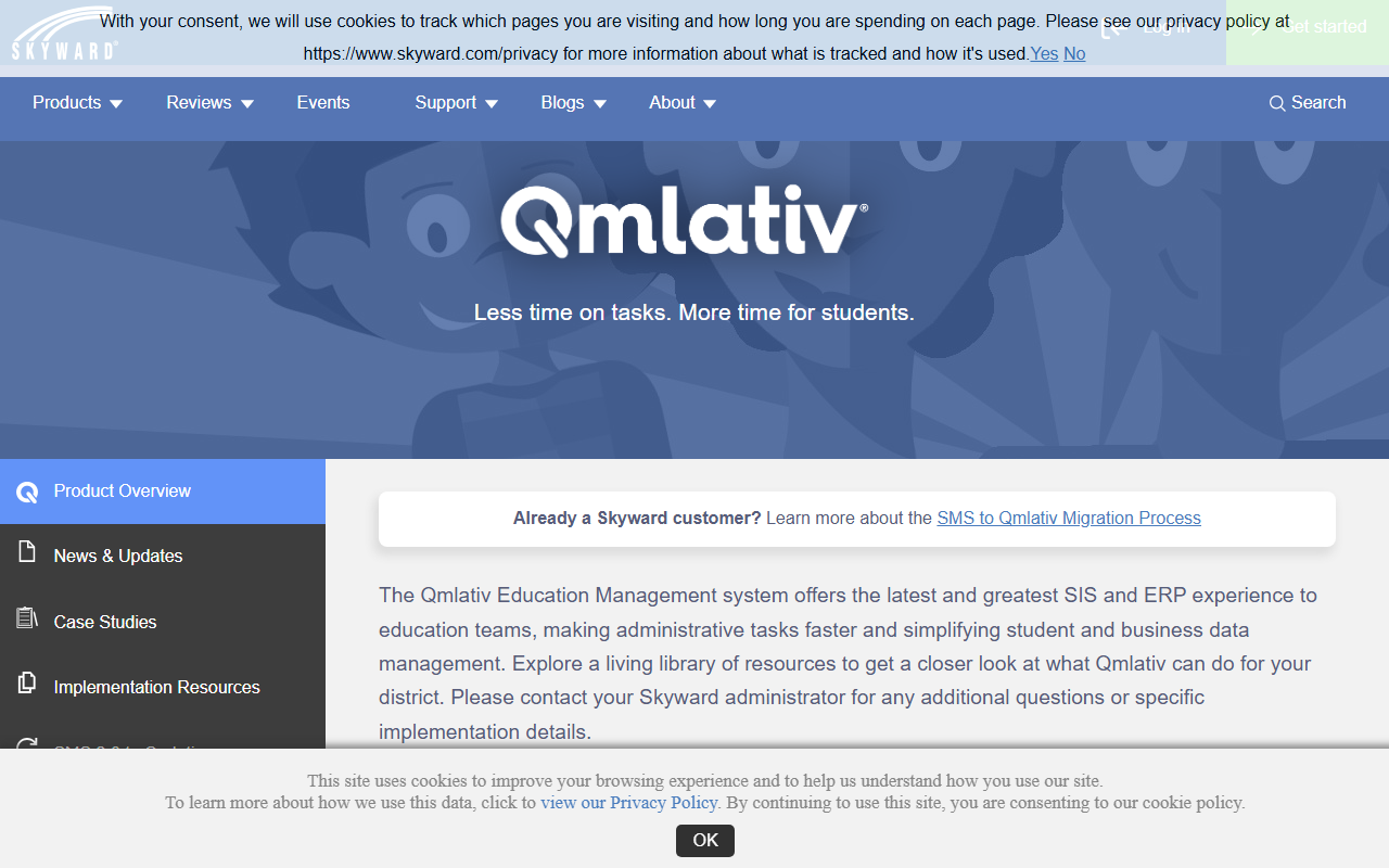 Screenshot of the Skyward Qmlativ (School Business Suite) vendor homepage
