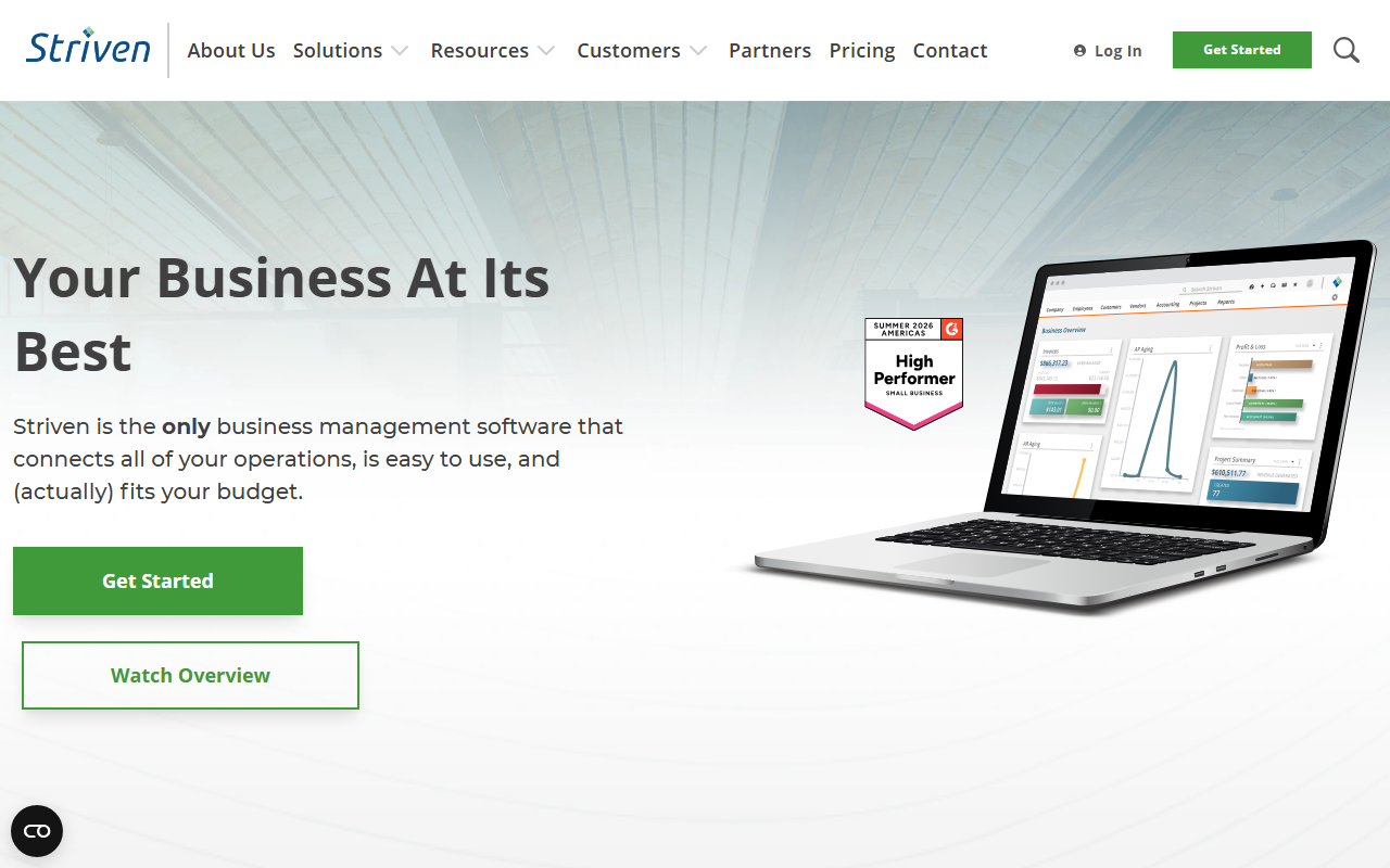 Screenshot of the Striven vendor homepage