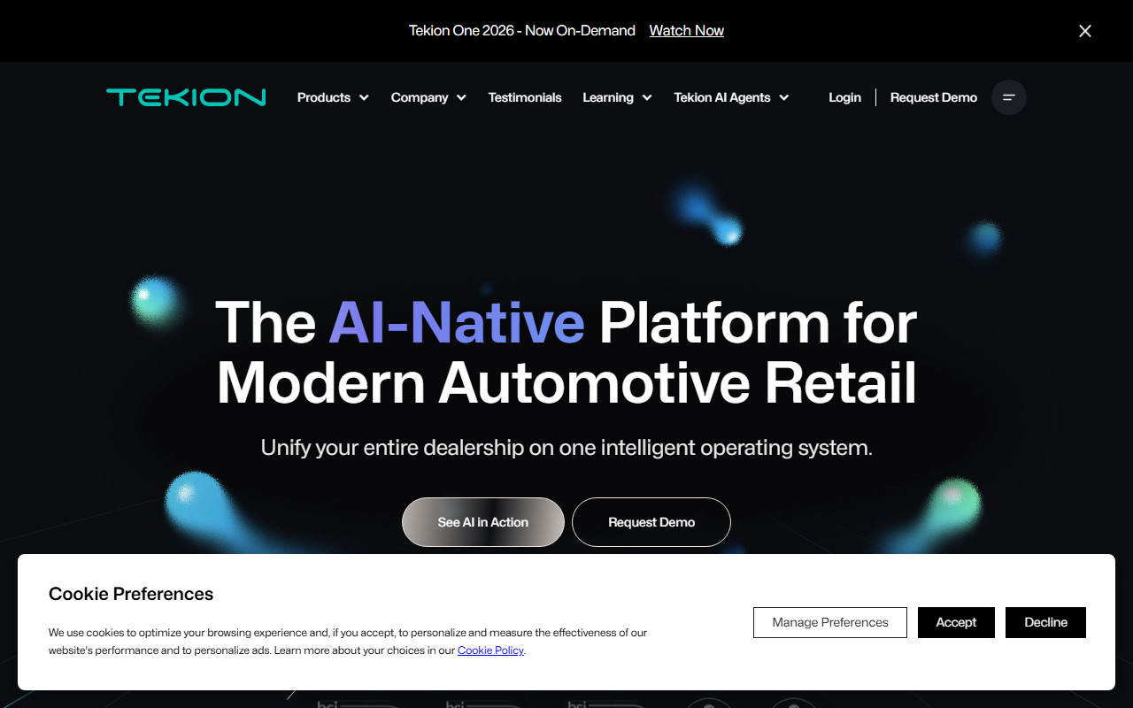 Screenshot of the Tekion Automotive Retail Cloud vendor homepage