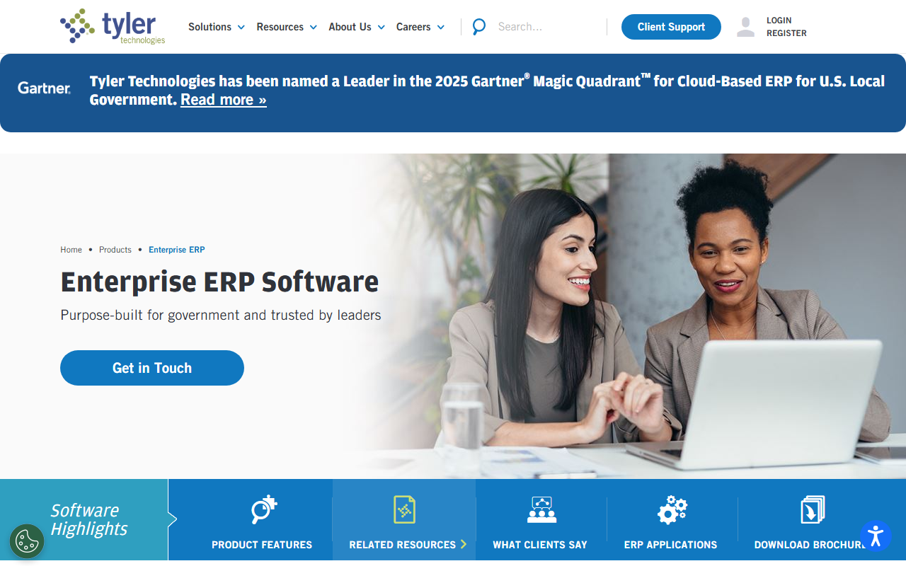 Screenshot of the Tyler Enterprise ERP vendor homepage