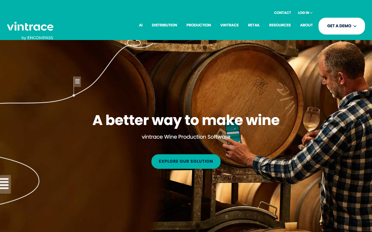 Screenshot of the vintrace vendor homepage