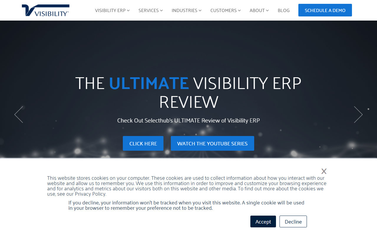 Screenshot of the Visibility ERP (VISIBILITY.net) vendor homepage