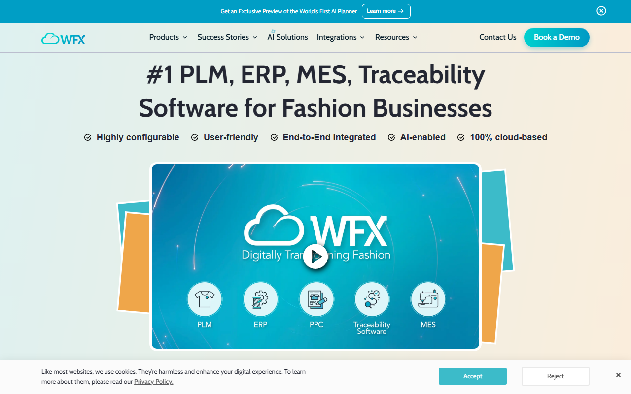 Screenshot of the WFX Apparel ERP vendor homepage